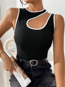 Women's Color Block Fitted Sleeveless Top Asymmetrical - Asymmetric Contrast Trim Neckline, Casual Basic & Versatile, Suitable for Work, Travel, Gatherings & Daily Casual Occasions