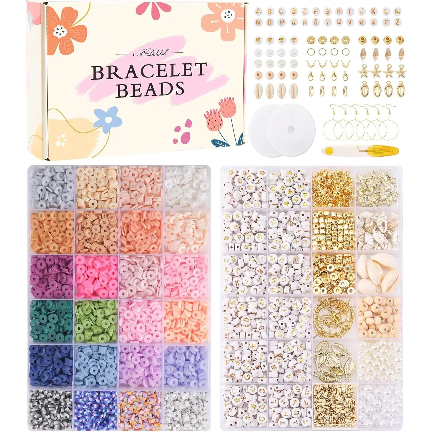 7200 count Clay Beads Friendship Bracelet Making Kit, 24 Colors 6mm Polymer Heishi Beads, Pastel
