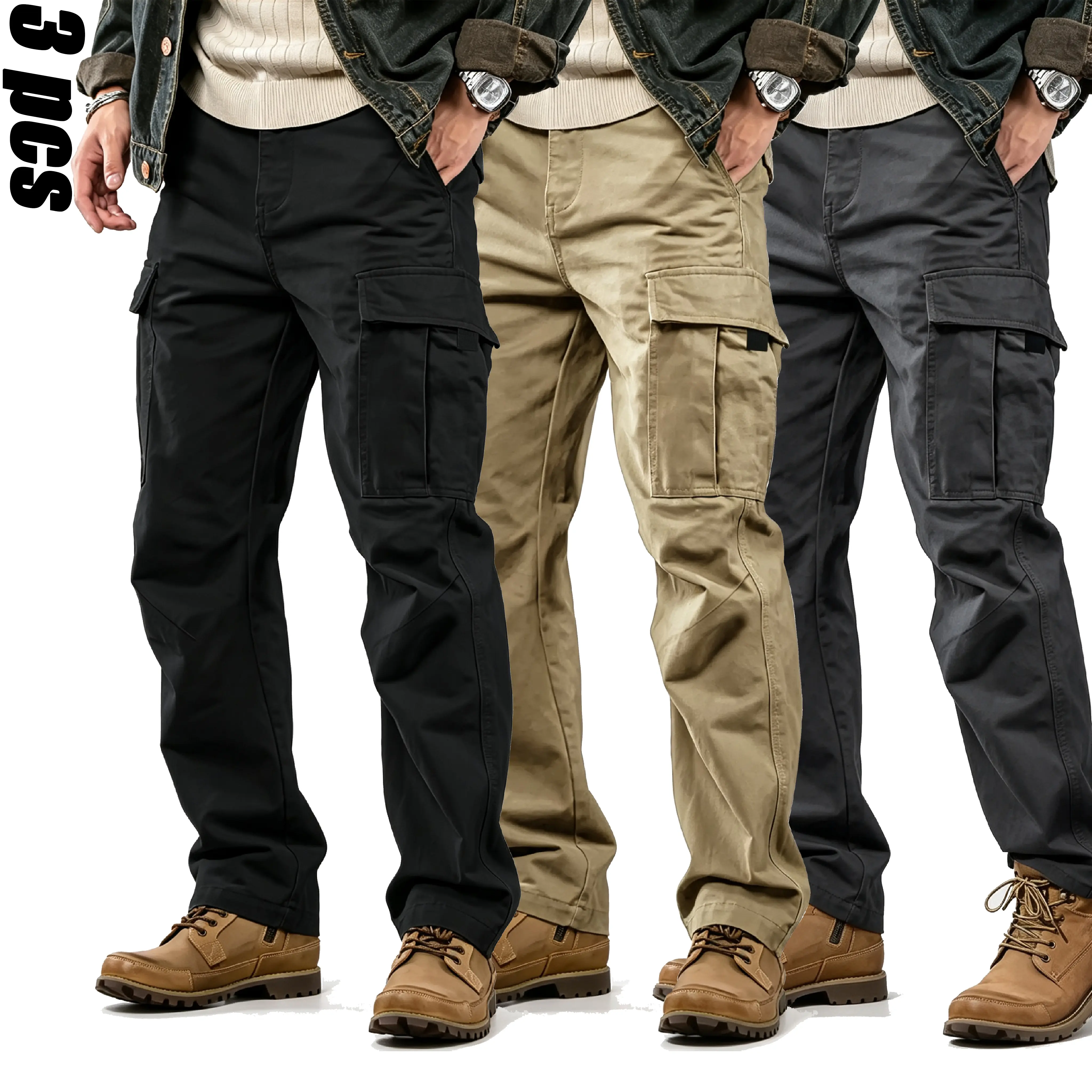 Men's Retro Plain Twill Cargo Pants, Mid-Rise Straight-Leg Cut with a Slight Flare and Button-Fly Utility Pockets for Casual Outdoor Wear