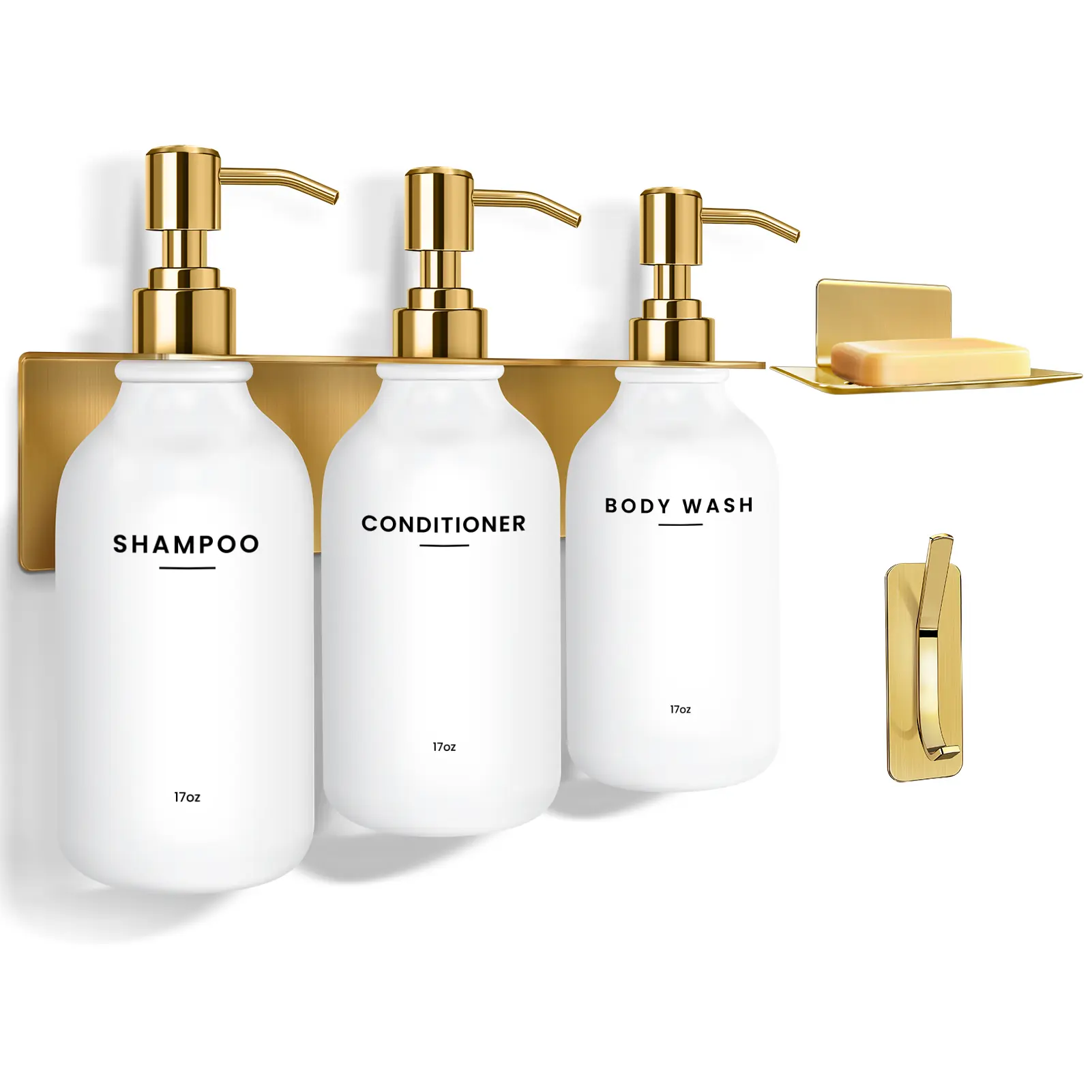 Wall-Mounted Plastic Hand-Press Soap Dispenser Kit - Drill-Free, 17 fl oz, Space-Saver, Gold Finish, Includes Holder & Pump Bottles, Bathroom Organization (Shampoo, Conditioner Compatible)
