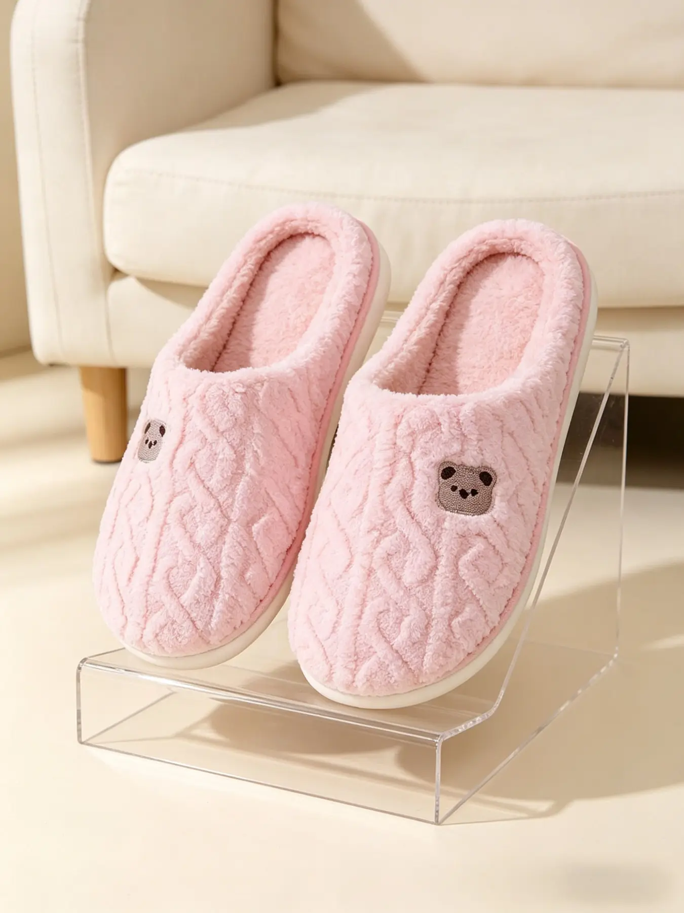 Women's Casual Plush Slippers, Soft Teddy Fleece Upper, Bear Embroidery, Breathable Lined, Non-Slip Rubber Sole, All-Season Home Footwear