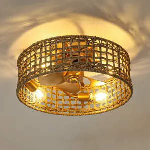 PARROT UNCLE 18 Inch Golden Farmhouse Rattan Flush Mount Ceiling Fan with Light APP and Remote Control Lighting