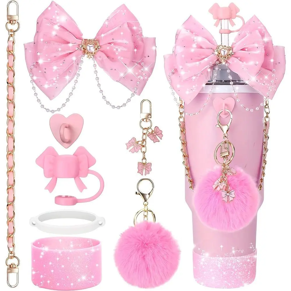 Elegant Pink Bow Cup Accessories- Sparkling, Fake Hair Ball, Chain, and Heart Pendant, Perfect for Saint Valentine's Day and Women's Day Celebration Cups, Durable Holiday Beverage Accessories