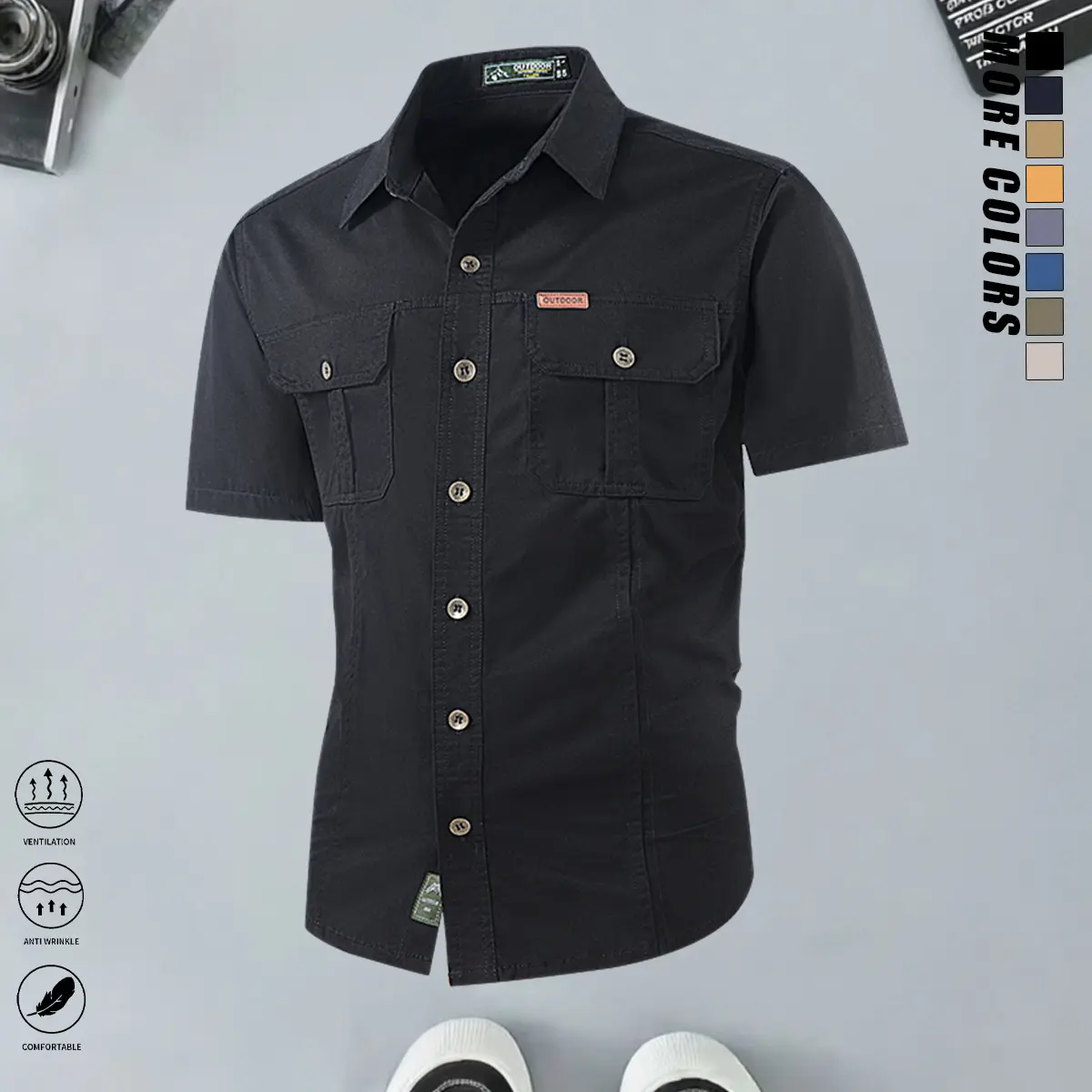 Men's Plain Cotton Casual Cargo Work Shirt, Short-Sleeve with Double Chest Pockets, Wrinkle-Resistant, Tops, Menswear, Shortsleeve, Casual Outings, Double Snaps, Minimalist, Soft Cotton