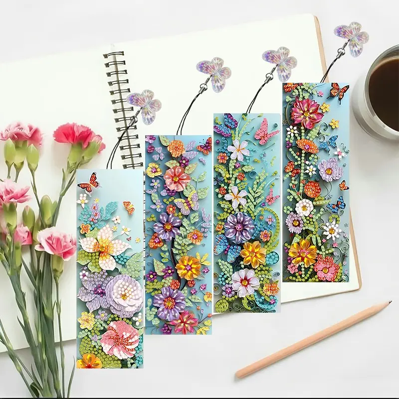 4-Piece Butterfly Flower Diamond Painting Art Bookmark Set, Cute Crystal Pendant, DIY Bookmark Kit for Book Lovers, Adult Beginner Craft Supplies