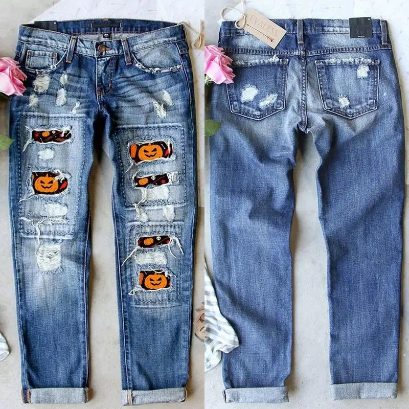 Maomous Women's Cotton Halloween Graphic Jeans - Cross-Border Appeal, All Seasons, Personality Street Holes, Printed Patches, Casual Chic Love Overall Style, Blue Womenswear Bottoms, Denim, Printed Patchwork
