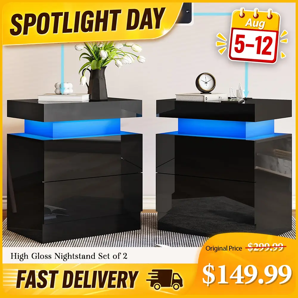 【Spotlight Day】[TWO TABLES IN ONE BOX]VanAcc High Gloss Nightstand Set of 2 with Charging Station, Modern Bedside Table with LED Lights by App and Remote  Control, Sofa End Side Tables with Drawers, Minimalist Night Stand for Bedroom, Living Room