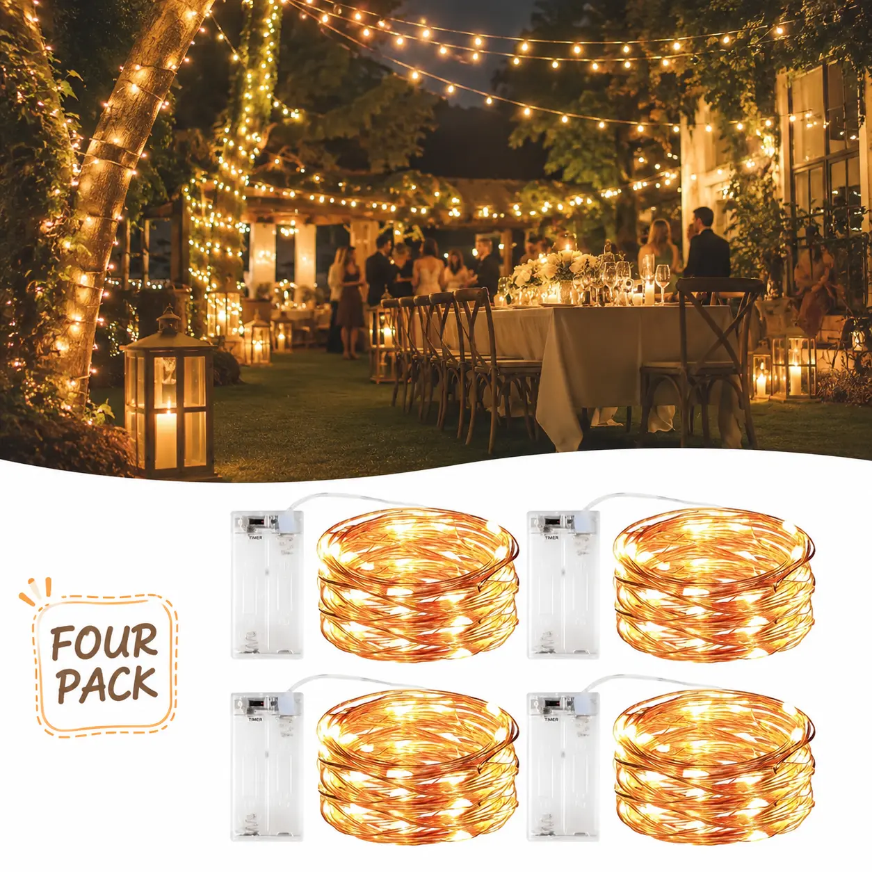 Fairy Lights Battery Powered, 4 Pack 20 LED 6.56FT Warm White Copper Wire String Lights with 6H Timer, Flexible DIY Decorative Lights for Wedding, Party, Bedroom, Christmas, Battery Not Included