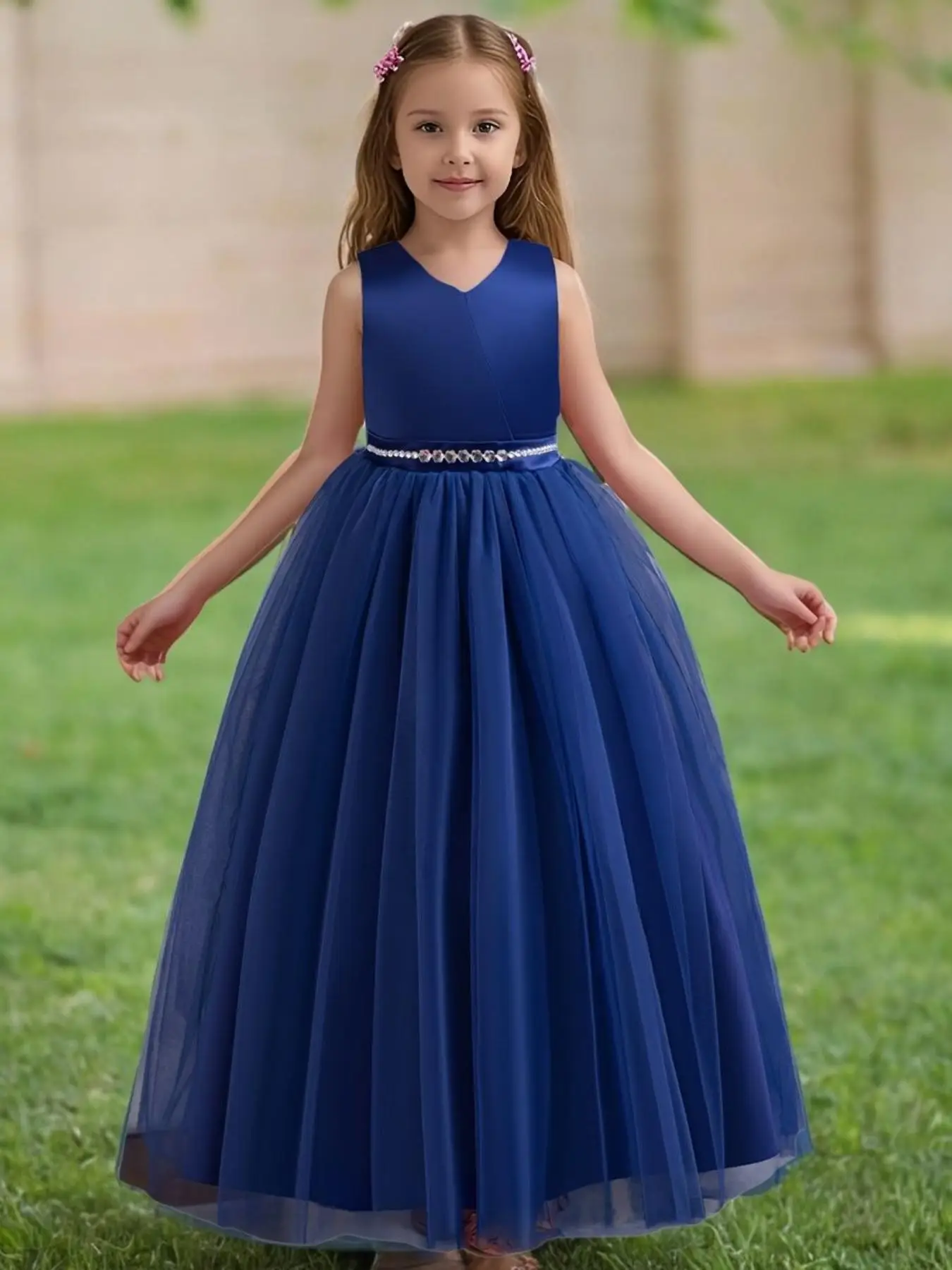 Girl's Rhinestone Decor Big Bow Design Contrast Mesh A Line Dress, Elegant Sleeveless Zipper Back Dress for Party Performance Wedding Guest, Kids Clot