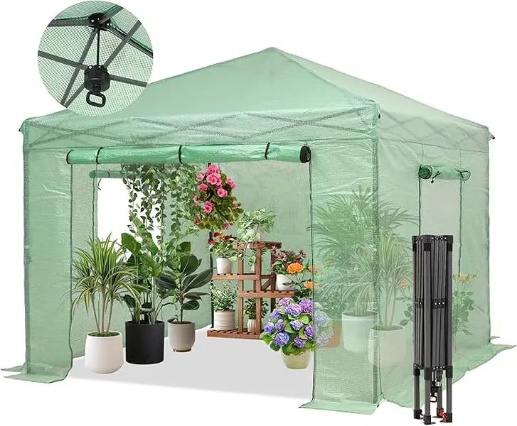 GDY Aluminum Walk-In Greenhouse with Anchor 10*10ft Indoor Outdoor Plant Gardening Green House, Roll-Up Zipper Doors and Side Windows
