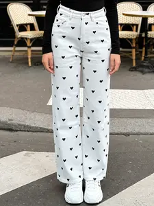 Muslim Women Heart Print Wide Leg Jeans, Elastic Fabric, All Seasons Wear, Perfect for Dating, Engagement Occasion, Pants, Womenswear