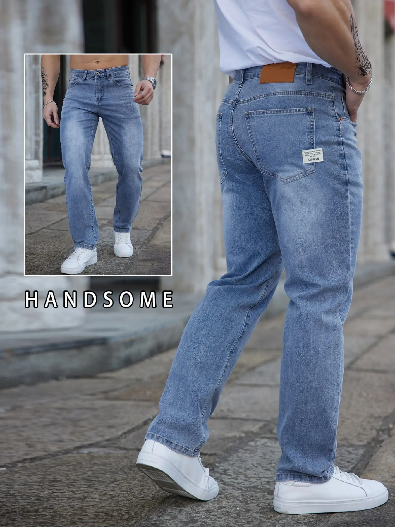 Men's Light Blue Washed Denim Minimalist Jeans Straight Leg Casual Trendy Long Pants, Casual Comfy Pants, Spring Summer 2026, Versatile Outerwear, Everyday Jean