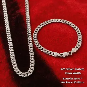 Unisex Cuban Link Jewelry Set, 925 Silver Plated, 7mm Width, 20cm Bracelet & 50/60cm Necklace, Hypoallergenic, Tarnish-Resistant & Fade-Resistant, Layerable for Daily Wear, Hip-Hop Versatile Style, Perfect Gift for Your Loved One.