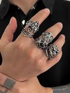 Vintage Silver Color Totem Stacking Ring Set, Starburst Dragon Pattern Gemstone, Men's Unique Fashion Jewelry Collection, Punk Style Ring, Statement Rings, Jewelry Gifts, Stackable Finger Rings