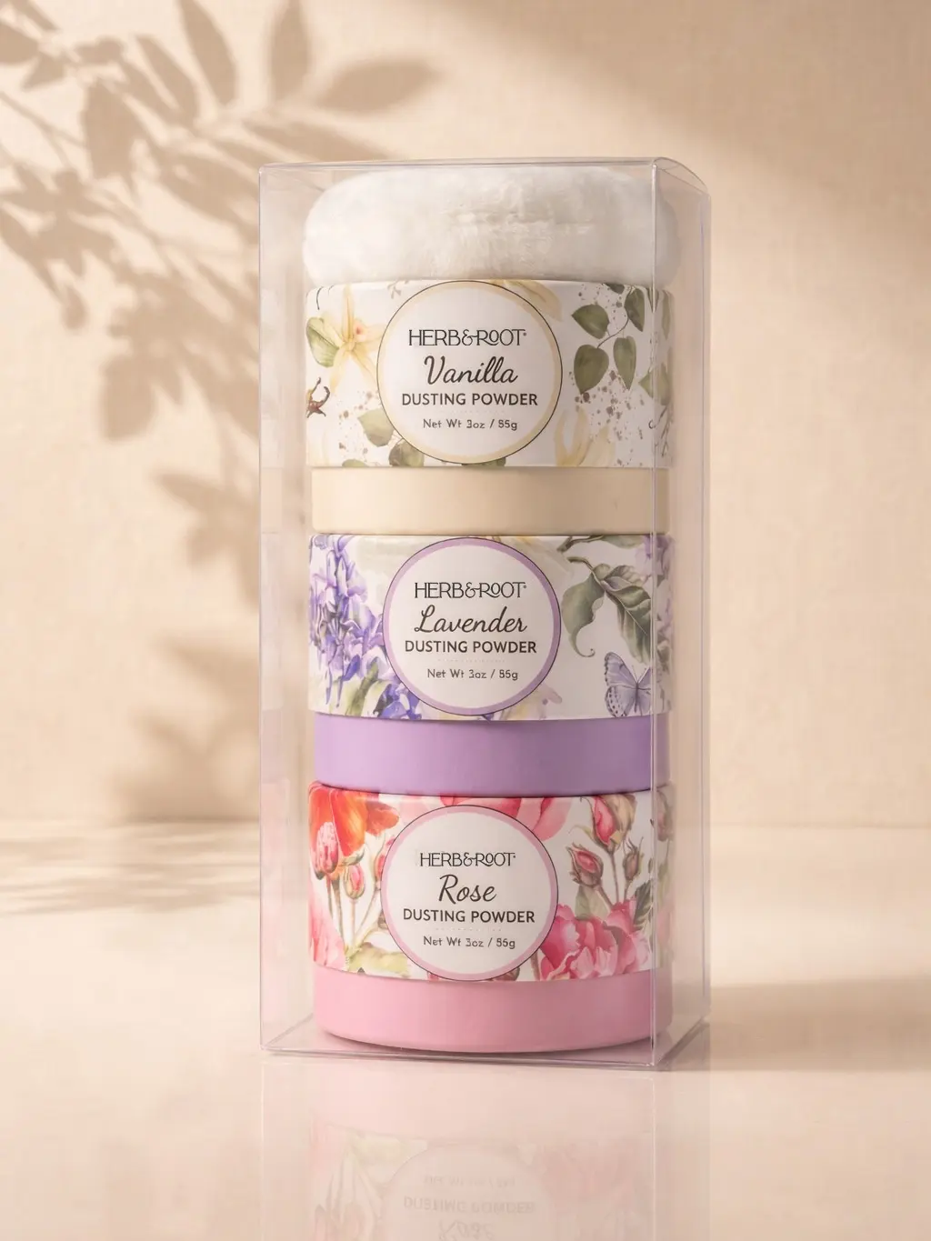 Herb & Root Mini Dusting Powder Trio – Talc-Free Body Powder Gift Set with Puff | Vanilla, Rose & Lavender