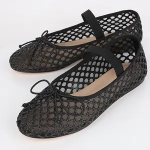CYNLLIO Raffia Ballet Flats Shoes for Women Mesh Mary Jane Flats Bows Round Toe Ballerina Flats Espadrilles Fishnet Flats Shoes Casual Dress Shoes