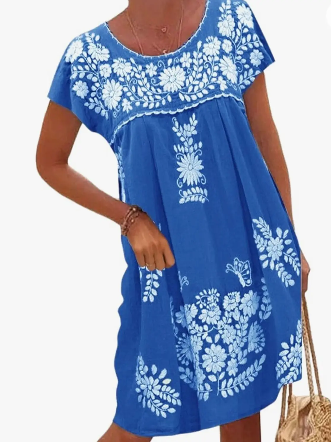 Short Sleeve Floral Embroidered Linen Peasant Dress Casual Soft Casual Soft Womenswear Bag Chic Comfortable