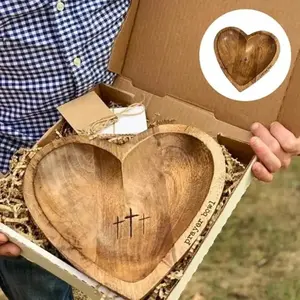 Wooden Prayer Bowl Vintage Heart Cross Letter Pattern Handmade Unique Home Decor Stylish Religious Decor Father's Day Christian Church Decoration Religious Gift