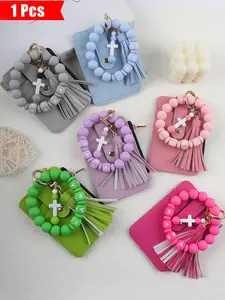 1 pcs of cross pendant handmade bead card bag, coin purse, wrist, women's key ring, Stylish Keyring, multi-purpose convenient storage, anti loss key chain, gift for mother's holiday, Stylish Keychain