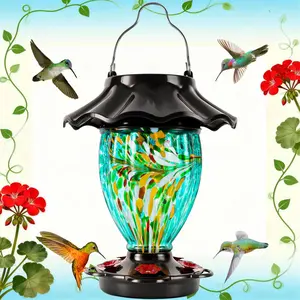 LUJII Solar Powered Color-Changing Hummingbird Feeder – Hand-Blown Glass Reservoir, 32 fl.oz Leakproof, Illuminated Lantern for Outdoors Garden Decor, Unique Christmas & Holiday Gift for Bird Lovers