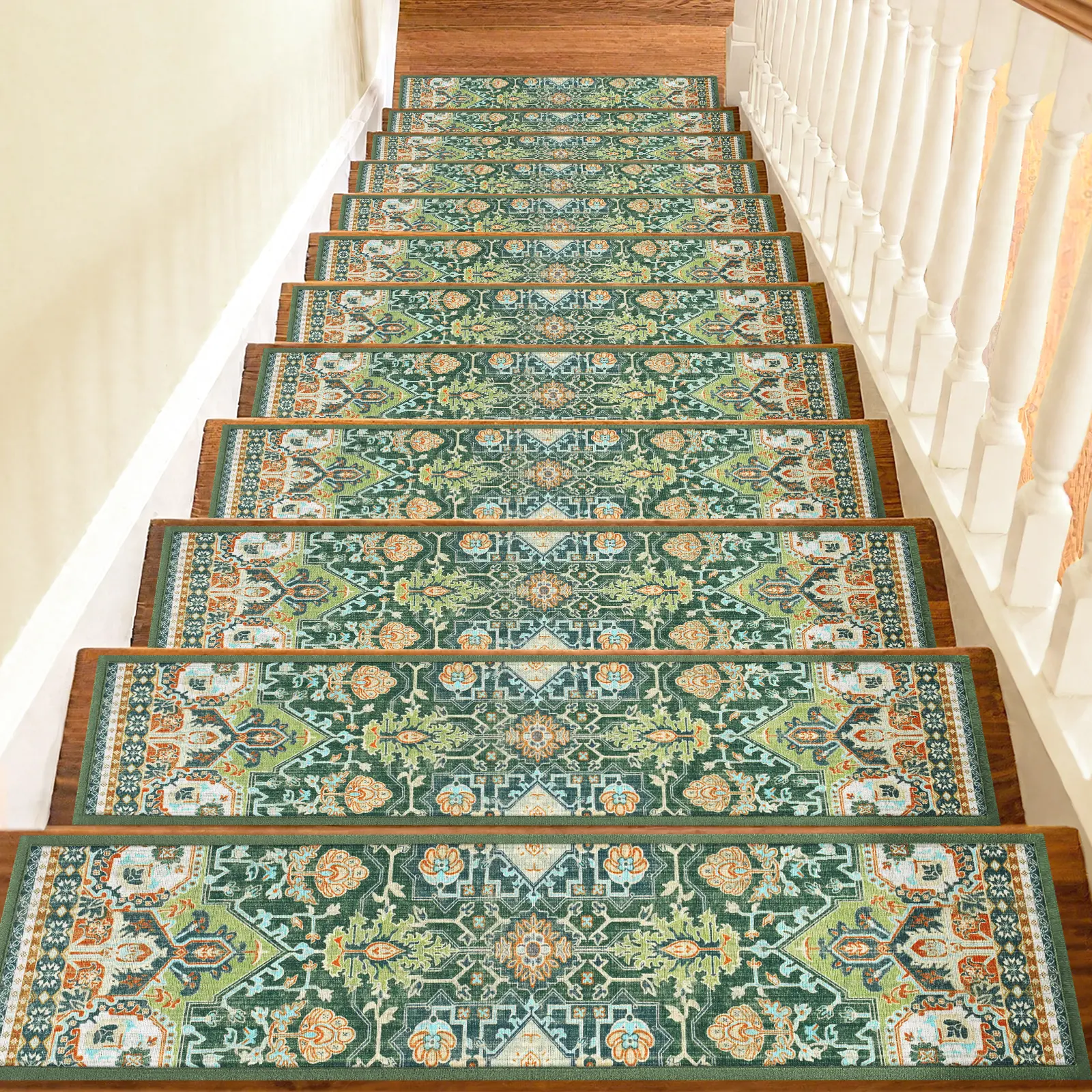 Non Slip Stair Treads For Wooden Steps Indoor, 15pcs, 30"X8", Soft Carpet Mat, Machine Washable Boho Carpet Treads With Reusable Adhesive Backing, Safety Stair Tread For Dogs, Kids, Elders