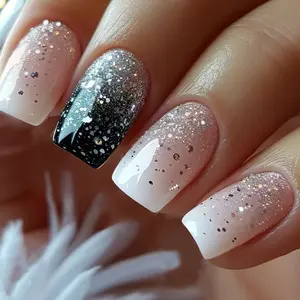 24pcs Square Glitter Press-On Nails, Removable Acrylic Nail Tips, Glossy Finish, Medium Length, DIY Beauty Essentials