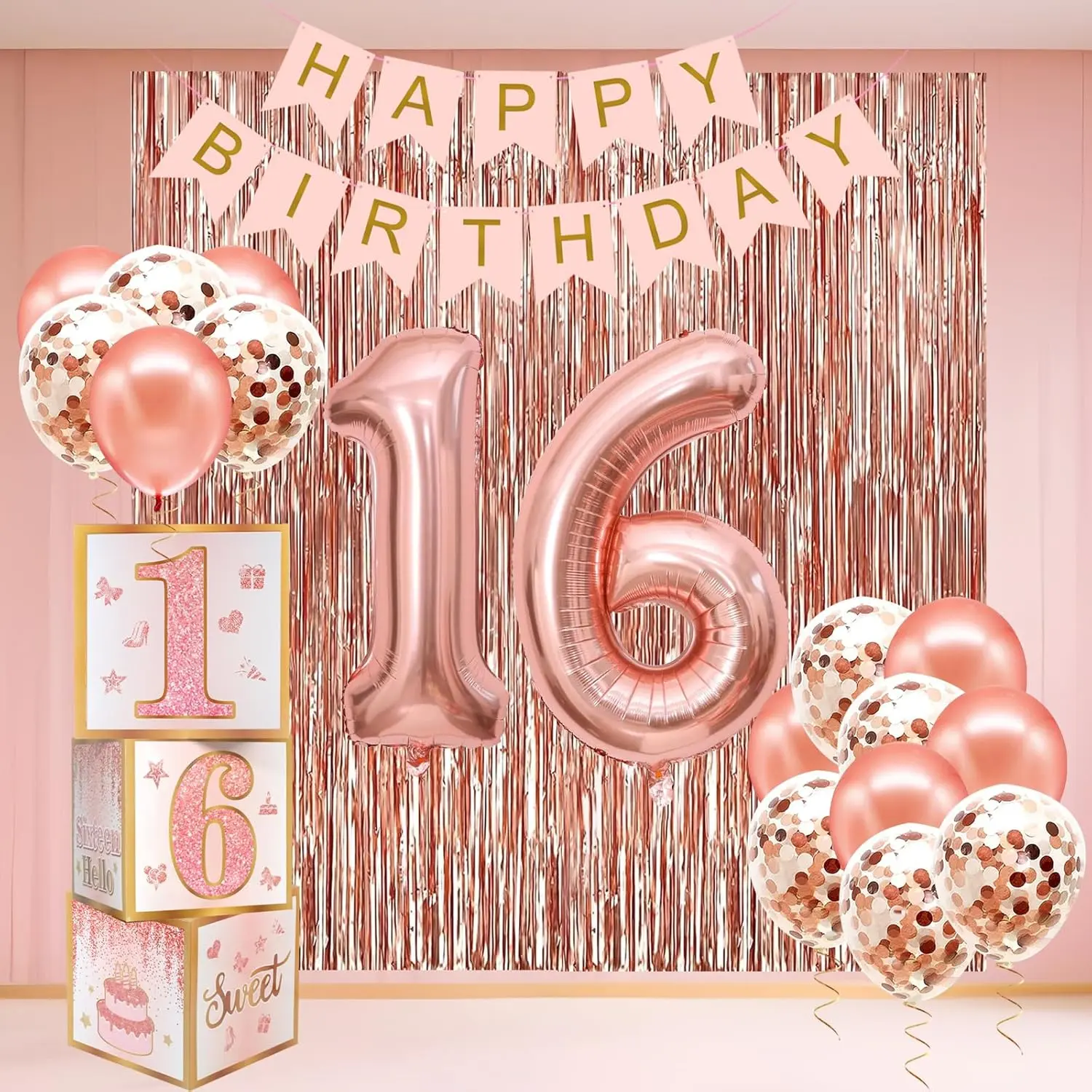 Sweet 16 Party Decorations Set for Girls - 12 Inches Metallic Balloon Decor, Pink Rose Gold Foil Balloons, Happy Birthday Banner, 39.37x78.74 Inch Rose Gold Tassel Curtain, 16th Birthday Party Supplies