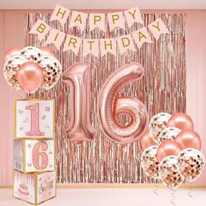 Sweet 16 Party Decorations,16th Birthday Boxes Decor for Girls Women Sweet Sixteen Happy Birthday Banner Kits Pink Rose Gold Foil Balloons Party Supplies Rose Gold Tassel Curtain