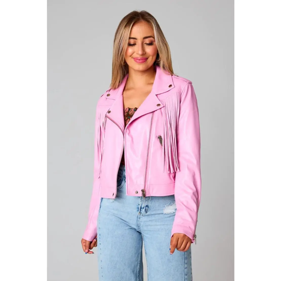 Heidi Fringe Vegan Leather Jacket - Pink