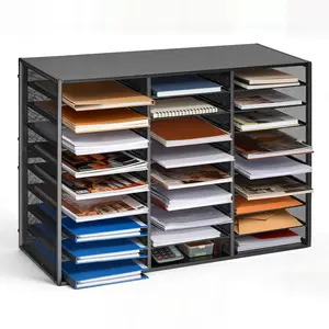 VEVOR Literature Organizer, Summervibes,Summervibes, 27 Compartments Metal Office Mailbox with Detachable Wire Mesh, Mailbox Sorter with Wooden Top, Countertop Office Home Storage Organizer for File, Document, Paper, Black