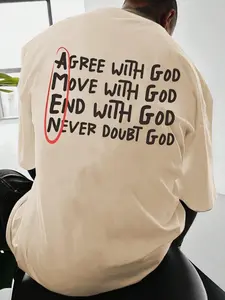 Agree With God Move With God Never Doubt God" Christian Inspirational Quote Graphic T-Shirt, Handwritten Style Text Print Oversized Crew Neck Tee, Men's Short Sleeve Casual Cotton Top, Trendy Religious Faith Shirt for Believers, Bible Fans and Spiritual Q