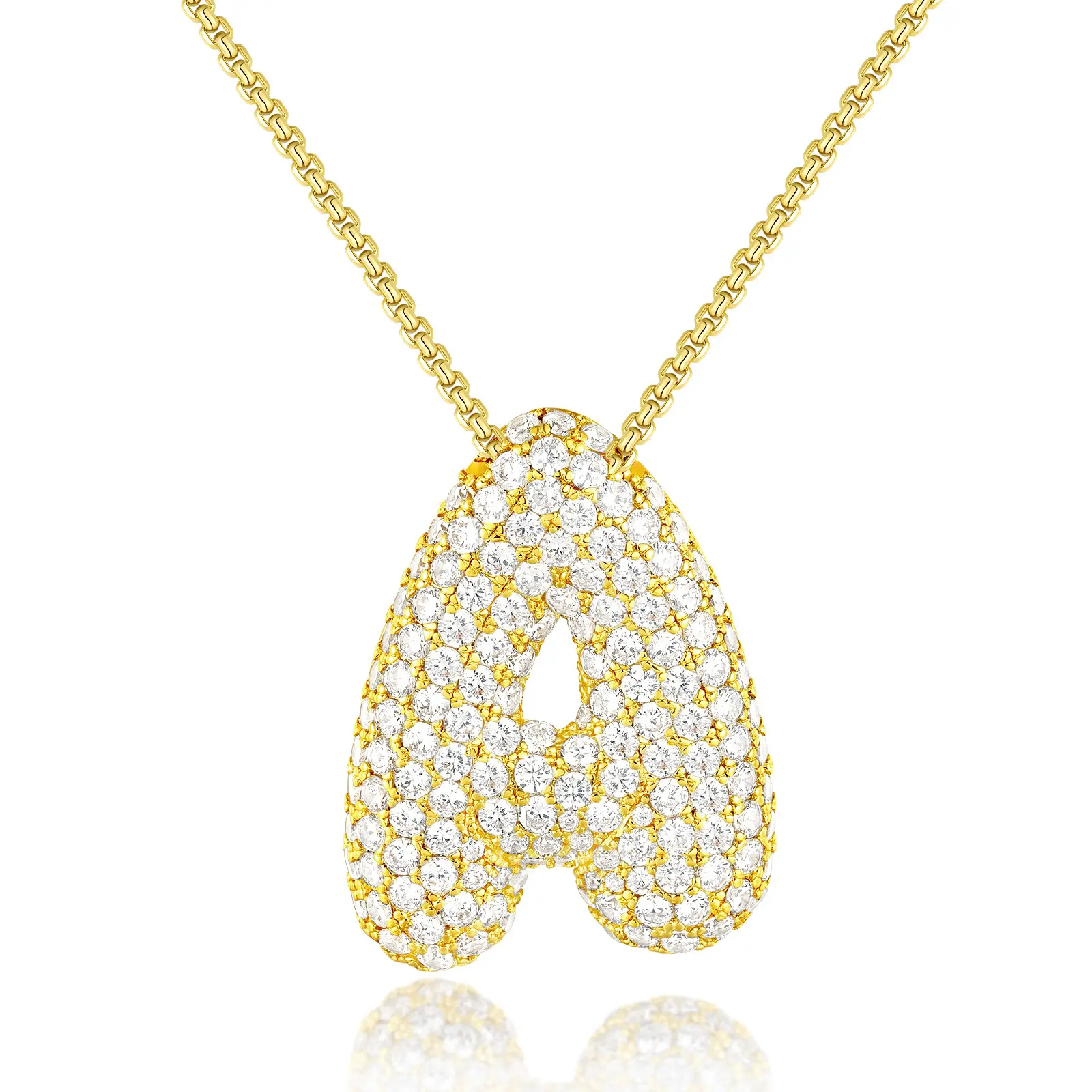 KISSYAN Bubble Letter Necklace, 14K Gold Plated Balloon Initial Pendant Box Chain Necklace Dainty Pave CZ Jewelry Gift for Women Girls