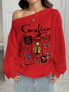 Women's Casual Loose Fit Y2K Style Pullover Top, Long Sleeve, Coraline Cartoon Print, Shoulder Cut Out Design, Perfect for Parties & Fall Winter Wear
