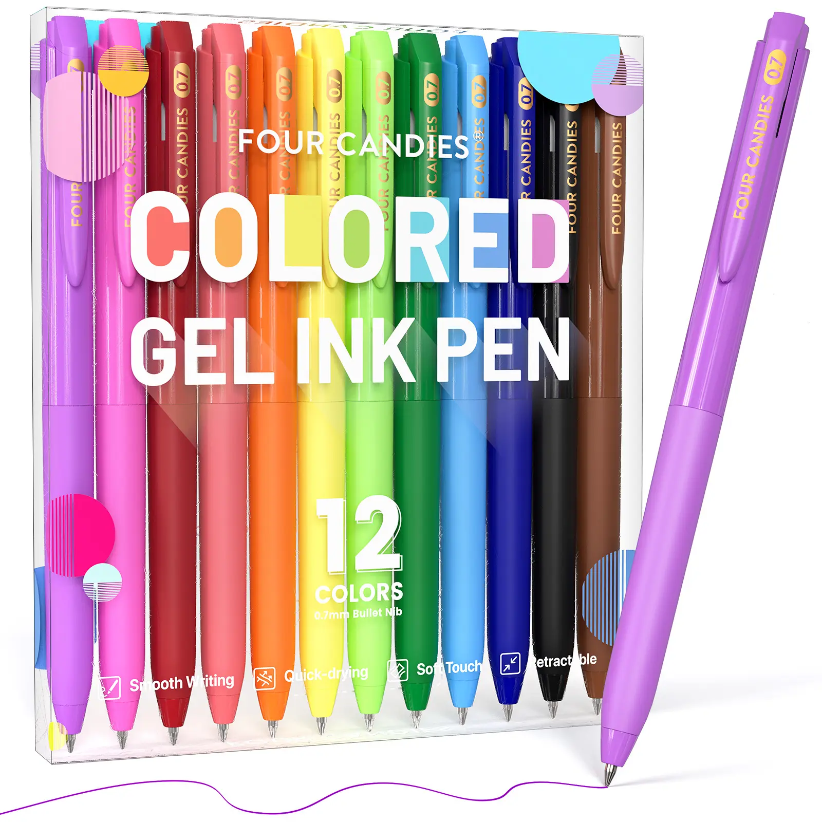 Four Candies Quick Dry Ink Colored Pens Set, 12/24Colors Retractable Gel Pens, 0.7/0.5mm Fine Point Colorful Pen for Note Taking & Drawing, Colored Gel Pen with Comfort Grip for Office, School & Home