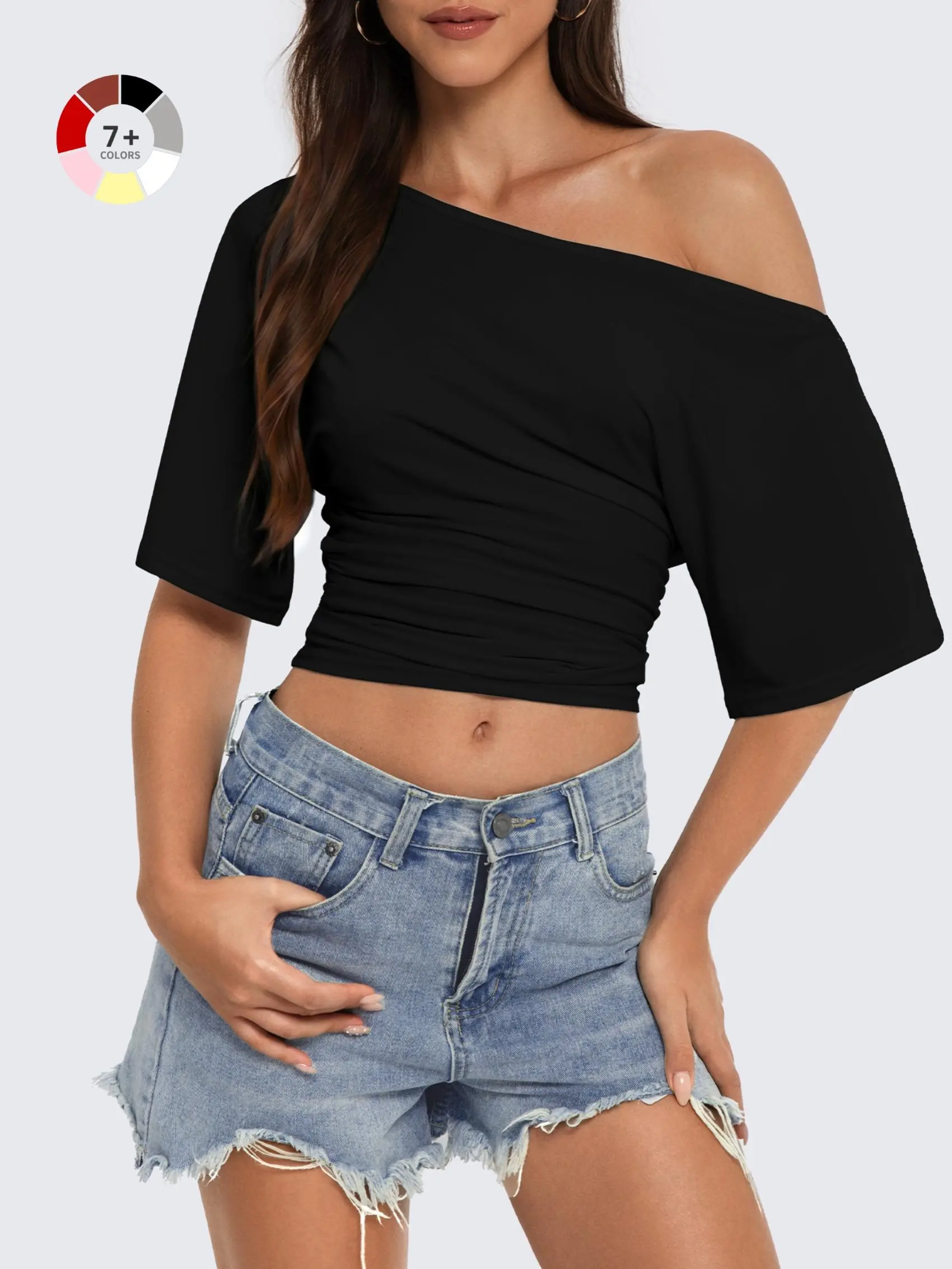 WIETRY Women's Chic Fit Off-The-Shoulder Asymmetrical T-Shirt - 2026 Summer Skin-Friendly High-Stretch Drapey Fabric, Side Ruched Waist, Loose Short Casual Cute Top, Solid Color Fashion Apparel Shirts for Daily Wear, Cute Tops, Off Shoulder Tops/W9 Black