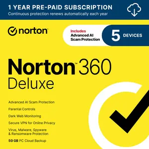 Norton 360 Deluxe, Antivirus software for 5 Devices with Auto-Renewal – Includes Advanced AI Scam Protection, VPN, & Dark Web Monitoring [Digital Download]