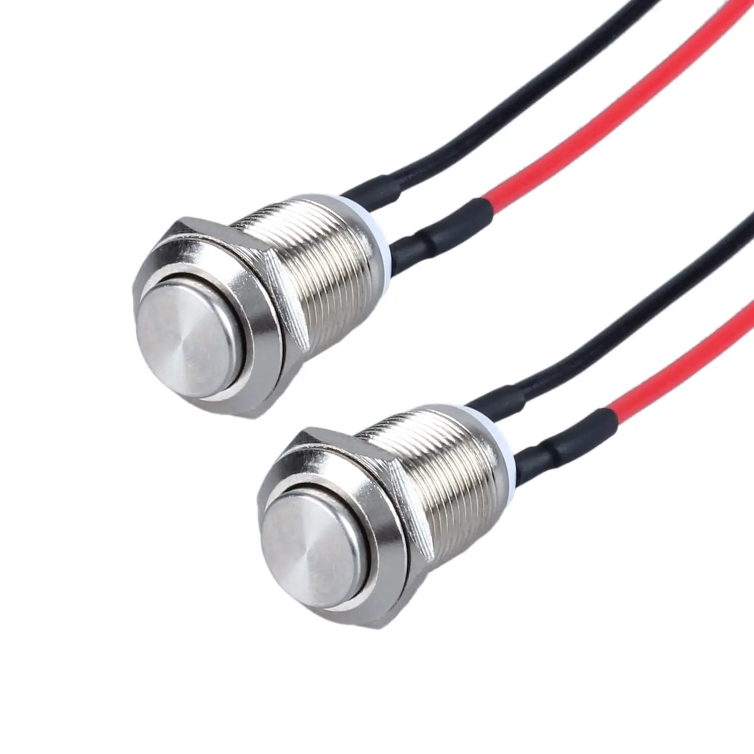 2pcs Momentary Metal Push Button Switches with Cable - 12mm Size, 1/2" Mounting Hole, Raised Head, IP66 Rated Metal Body, Anti-Vandal, Pre-Soldered, 250V 2A 1NO, 2A 12/24VDC, 1A 250VAC, On/Off Press, Compatible with Computer, Door Bell, Instruments