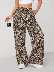 [Plus Size] Leopard Print Drawstring Waist Wide Leg Pants, Boho Comfy Trousers, Casual Lounge Pant, Casual Pocket Trousers for Daily Wear, Women's Bottoms for All Seasons