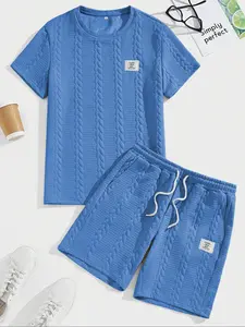 Men's Solid Plain Striped Textured Patched Tee & Drawstring Waist Shorts Set, Regular Fit Casual Round Neck Short Sleeve T-shirt & Pocket Shorts, Men's Summer Clothes
