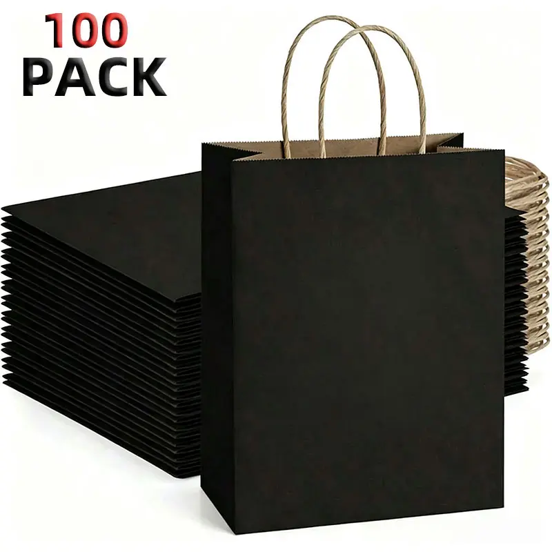 100 Pcs Unisex Plain Medium Brown Kraft Paper Gift Packaging Goody Bags with Carry Handles (8.27x4.33x10.63 In) - Bulk, Ideal for Gifting, Party Events
