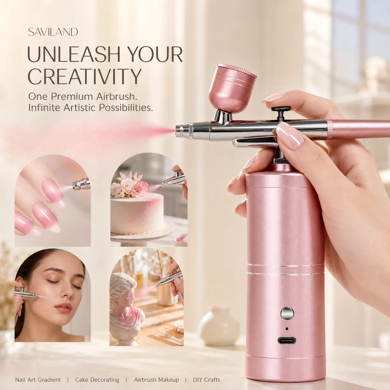 SAVILAND Portable Airbrush Kit – 25 PSI Precision Nail Airbrush with 0.3mm Nozzle for Gel, Ombre & French Nail Art, Travel-Friendly & Easy to Use