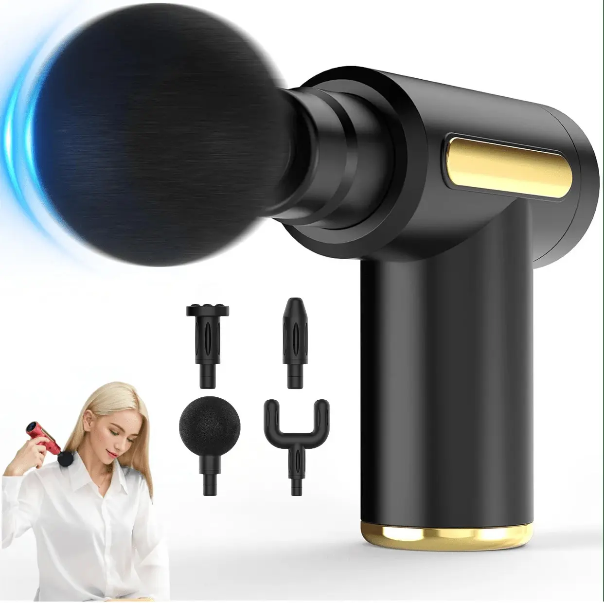 Black Portable USB-Rechargeable 6-Speed Therapy Fascia Gun for Fitness & Ab Training - Ultra-Quiet Brushless Motor, 4 Replaceable Heads, Muscle Recovery, Neck Pain Relief, Gifts for Boyfriend, Massage