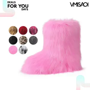 VIMISAOI Faux Fur Boots For Womens Mid Calf Round Toe Flat Heel Pull On Snow Boots Fluffy Shaggy Fuzzy Warm Cozy Apres Ski Bunny Chilly Day Booty Trendy Fashion Holiday Party Casual Winter Comfortable Fashion Shoes Deals For You Days