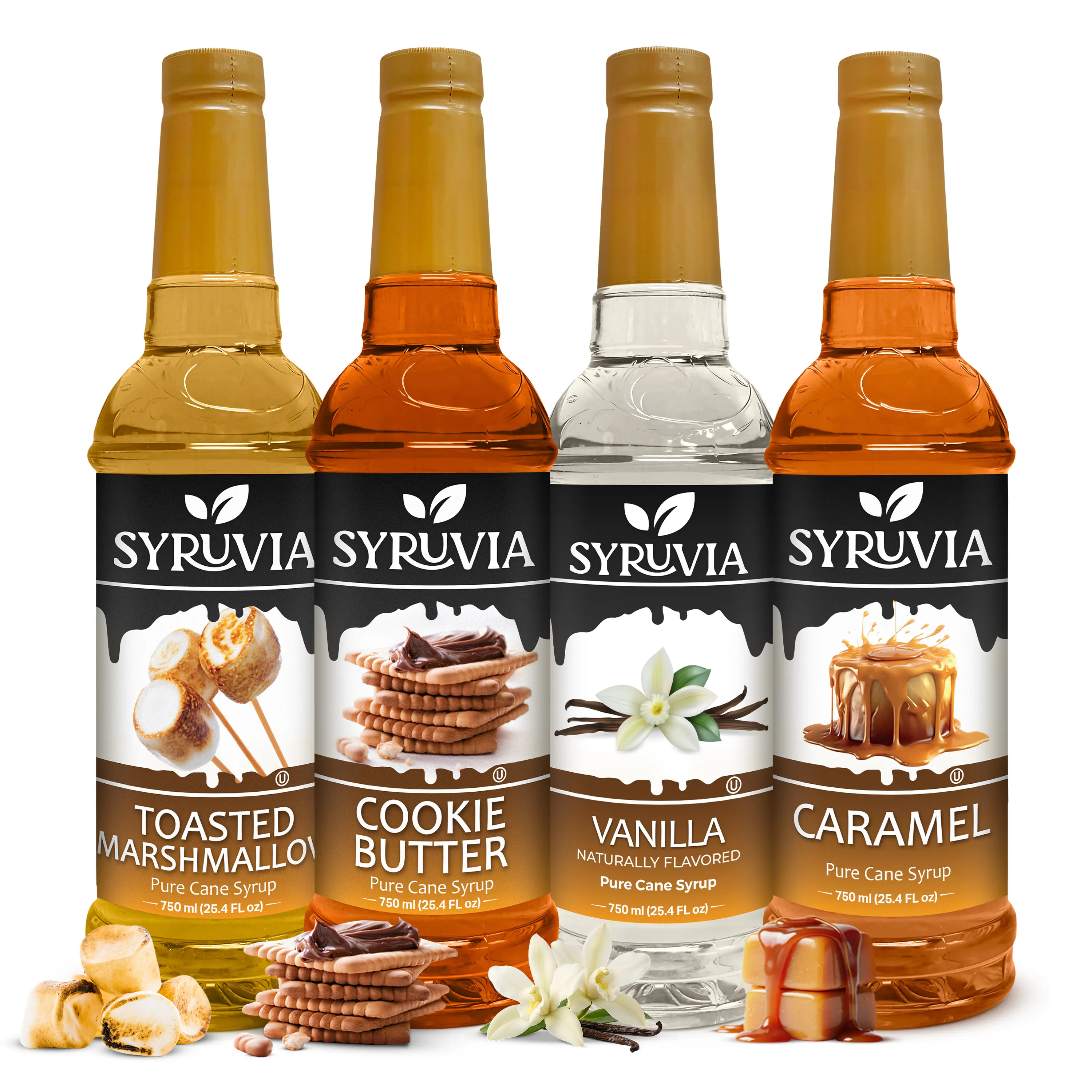 Syruvia Sweet Coffee Syrup Variety Pack – Toasted Marshmallow, Cookie Butter, Vanilla & Caramel Syrup – Perfect for Iced Tea, Lattes, Desserts & More – 25.4 Fl oz Bottles (4 Pack)
