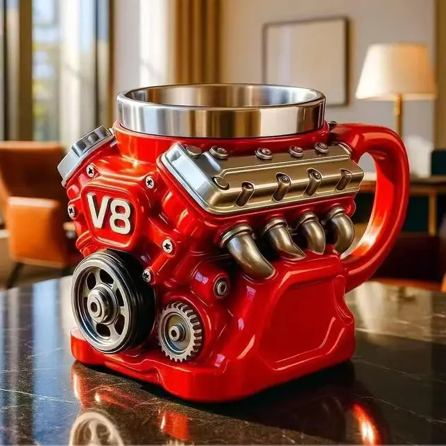 3D Engine Round Stainless Steel Drink Mug, Washable Reusable Resin Engine Design Cup, Gift Idea for Car Enthusiasts