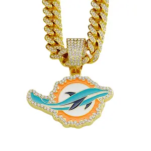 Euro American Fashion Colorful Dolphin Rugby Team Pendant Men’s Unique Hip Hop Full Diamond Cuban Link Necklace