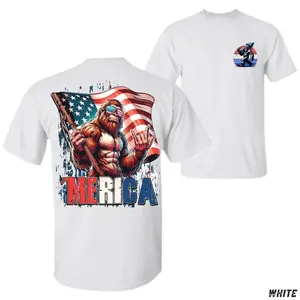 Funny Bigfoot Merica Graphic T Shirt 2 Sided Tee Patriotic Sasquatch American Flag Sunglasses Outdoor Summer Cookout Outfit Independence Day 4th of July Top