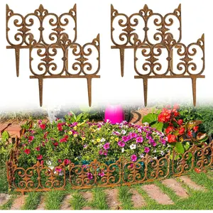Decorative Cast Iron Garden Edging, 4 Pack Full Rusted Victorian Garden Edging Landscape Border,  Metal Yard Stake Low Picket Fence, 10.6" Tall Outdoor Flower Bed Lawn Fence Panels