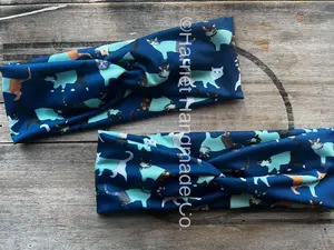 Handmade Navy Blue Cats in Surgical Scrubs Stretchy Twist Headband for the Gym, Yoga, Work, Casual Wear