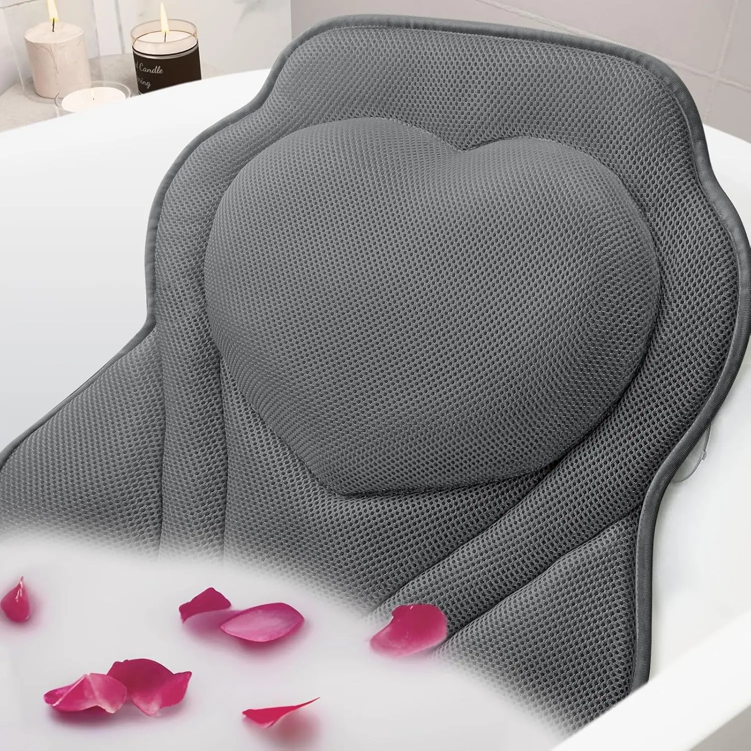 Bath Pillow-Bathtub Pillow with Air Mesh Fabric & 6 Non-Slip Suction Cups, Bath Pillows for Tub ,  and  Support, Bath Accessories  Gifts, Grey